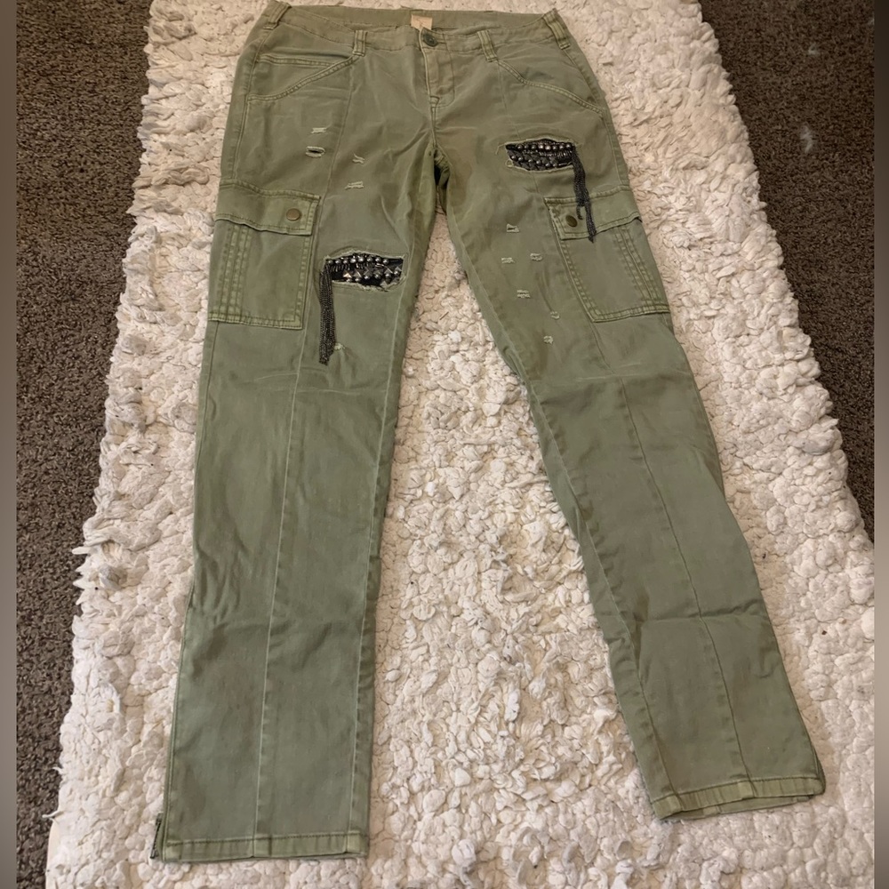 London Jean Women’s Green Skinny Cargo Style Pants 4 Short Zipper Ankles Chains